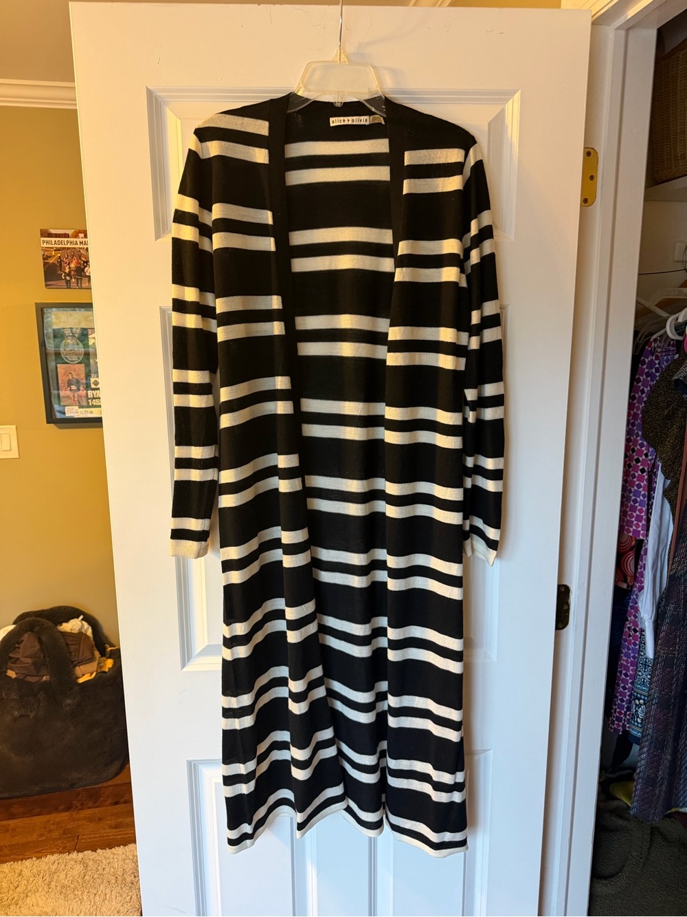 Alice + Olivia Black and White Striped Duster Cardigan